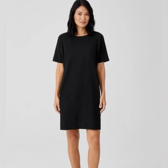 Eileen Fisher Dress Women’s Sz XS Black Cotton Scoop Neck Stretchy Shirt Dress - Picture 1 of 8
